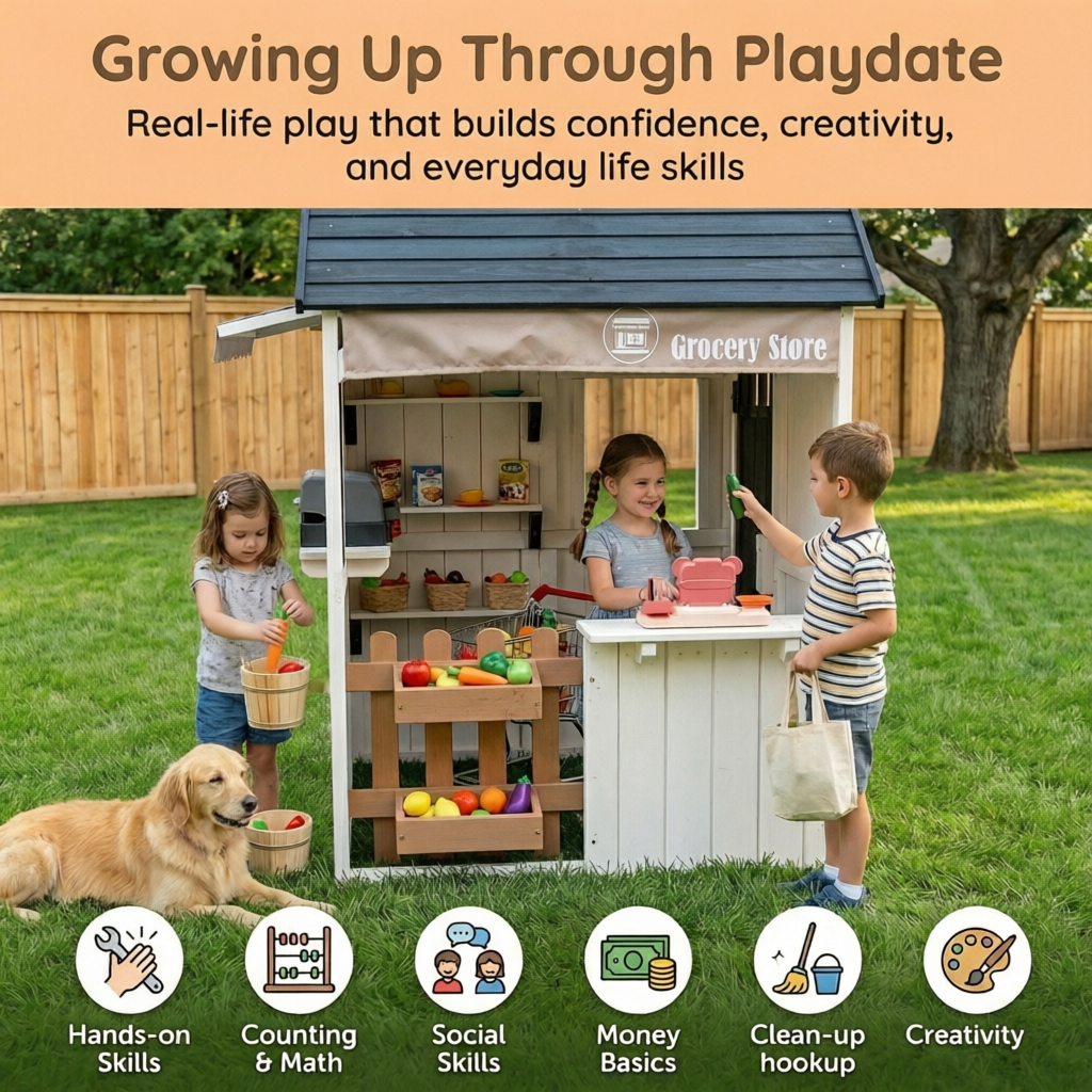 Conchico Outdoor Grocery Store Playhouse, Wooden Playhouse w/ Toy BBQ Grill, Toy Cash Register & Pretend Food Set For Summer Backyard,Black White