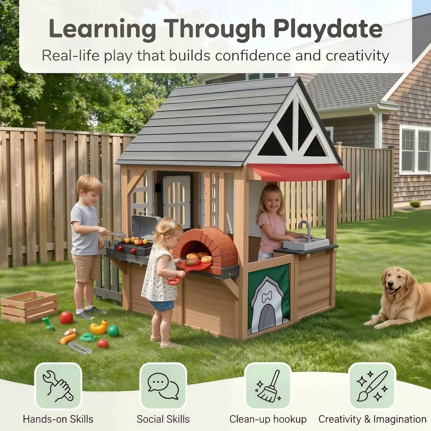 Conchico Outdoor BBQ Themed Playhouse, Wooden Backyard Kids Playhouse w/ Pretend Brick Oven, Kitchen Toy Set, BBQ Grill for Kids Ages 3-8