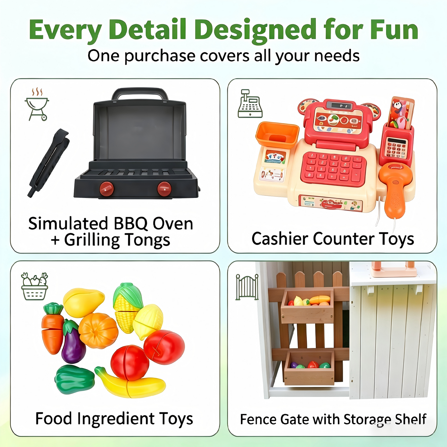 Conchico Outdoor Grocery Store Playhouse, Wooden Playhouse w/ Toy BBQ Grill, Toy Cash Register & Pretend Food Set For Summer Backyard, Green Brown