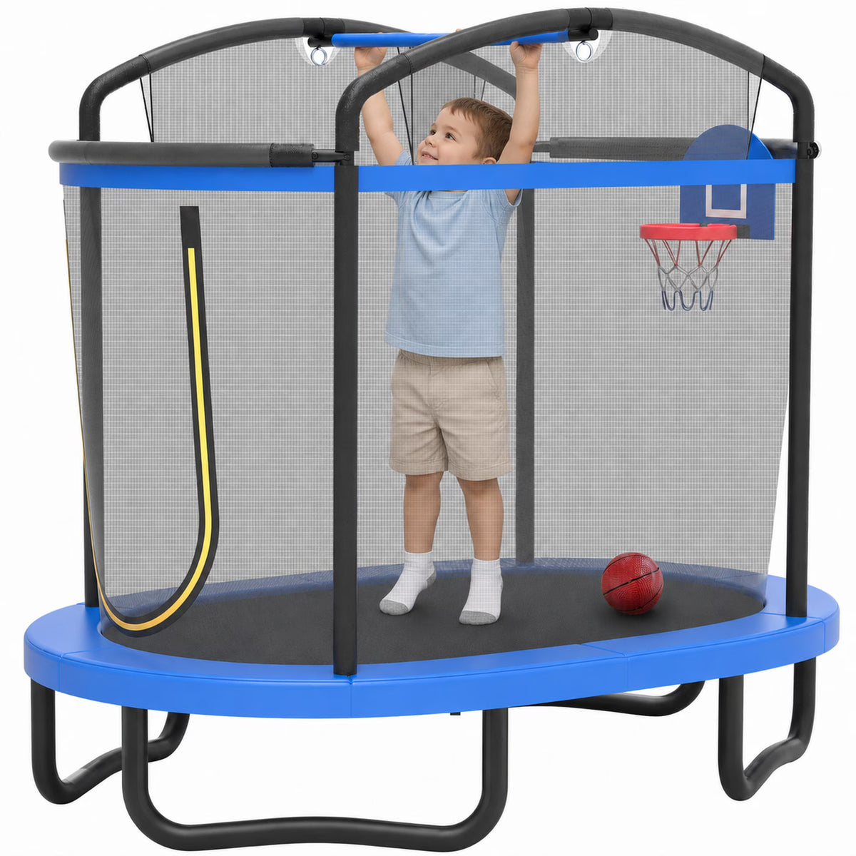 72" Toddler Trampoline with Safety Enclosure Net, Conchico Oval Indoor Kids Trampoline with Gym Bar, Basketball Hoop, Mini Trampoline for Kids, Small Trampoline with Net, Green