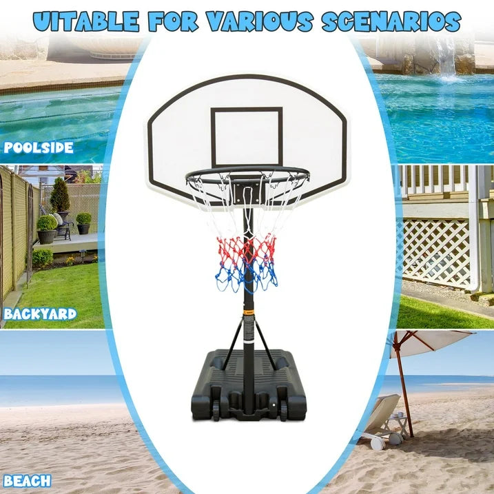 Conchico Poolside Basketball Hoop with Wheels, Portable Kids 3FT-4FT Height-Adjustable Basketball System with 2 Wheels, Nylon Net, Adjusts from 70.5in to 82.3in