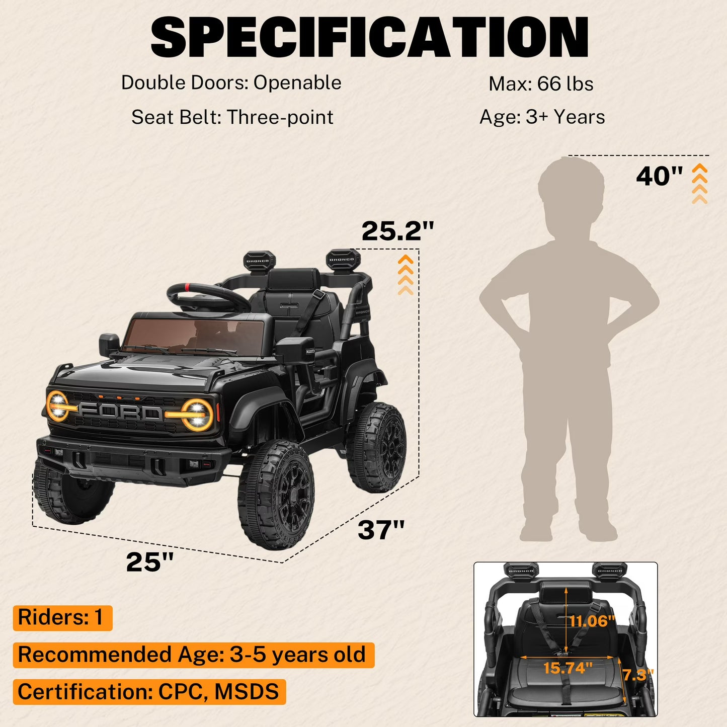 Conchico 12V Licensed Ford Bronco Powered Ride-On Cars with Remote Control, Ride on Toys with Music & Seatbelt, Electric Car for Kids