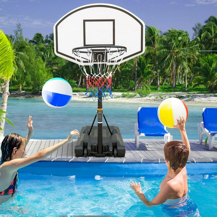 Conchico Poolside Basketball Hoop with Wheels, Portable Kids 3FT-4FT Height-Adjustable Basketball System with 2 Wheels, Nylon Net, Adjusts from 70.5in to 82.3in