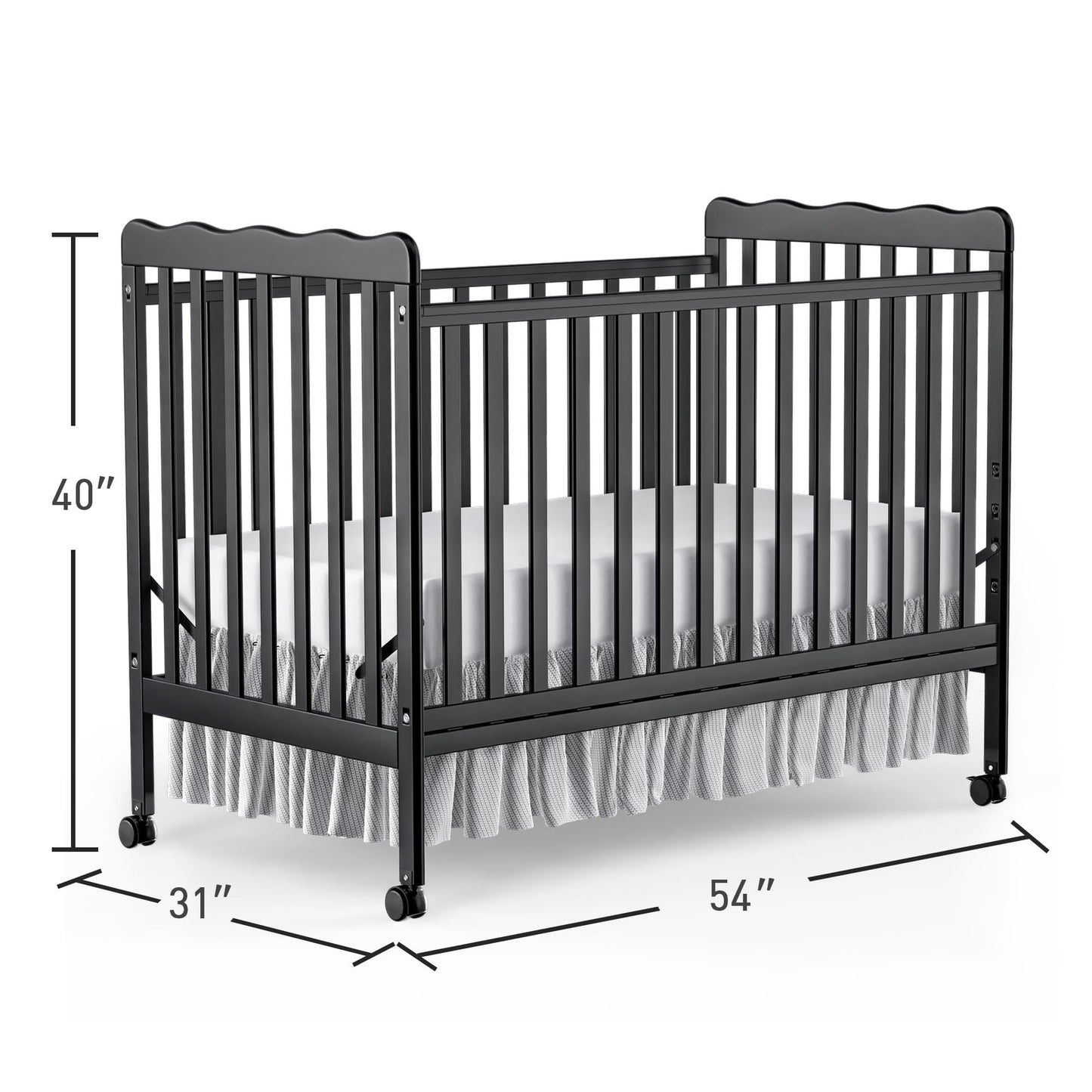 Baby Convertible Crib 3 In 1, Converts from Baby Crib to Toddler Bed, New Zealand Pinewood Baby Bed with Locking Wheels and Teething Rail, Crib with 4 Height Adjustment and Non Toxic Finish, Black