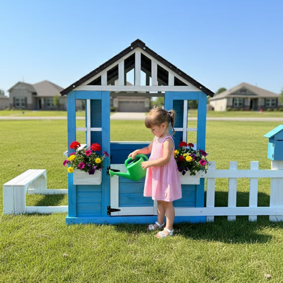 Conchico Outdoor Playhouse with Picnic Bench Mailbox Planter for Toddlers Kids 3-8, Blue