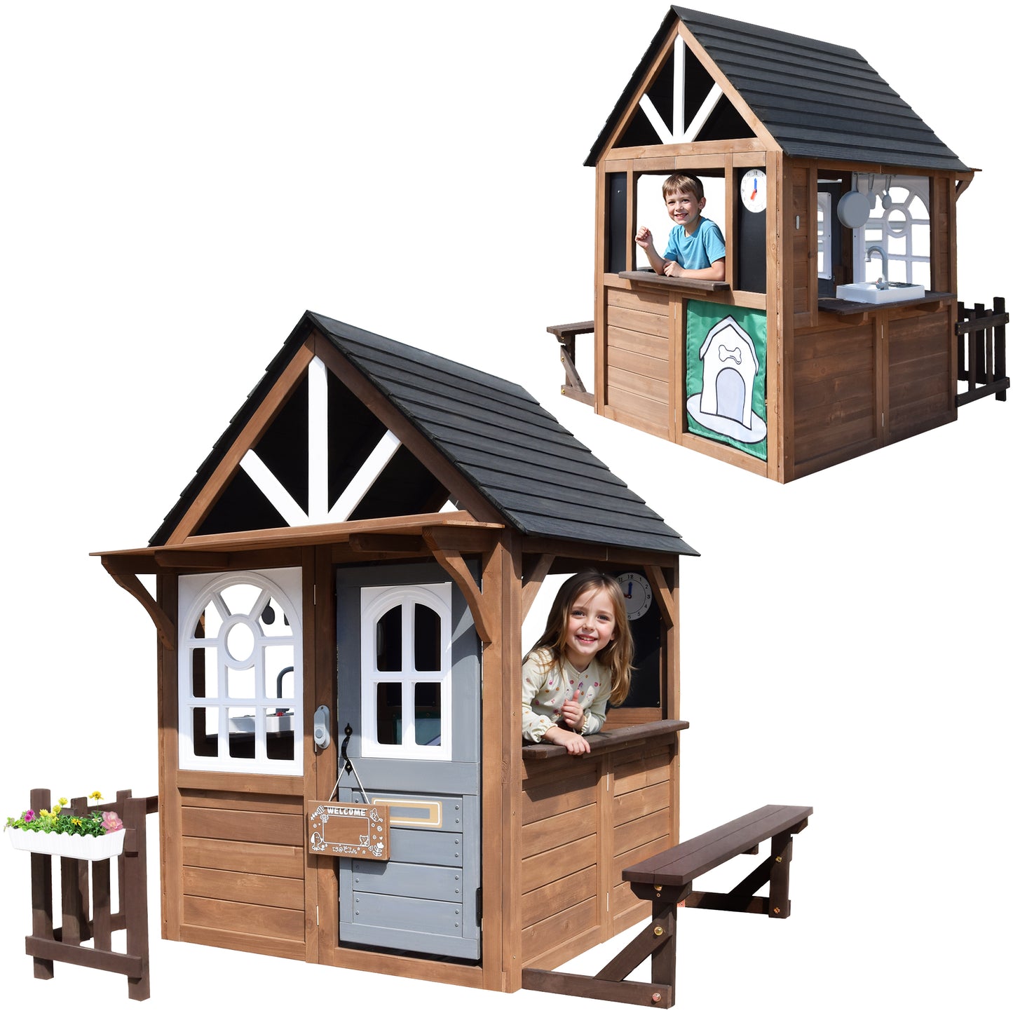 Conchico Outdoor Playhouse for Kids, Wooden Playhouse Outside with Kitchen Playset, Snack Bar, Pet Access, Doorbell, Toy Phone, Large Outdoor Playset for Kids 3-6 Years, Brown+Gray