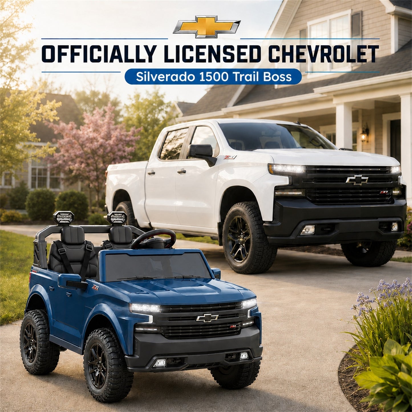 Conchico Licensed Chevrolet Silverado 24V Kids Ride On Truck, Chevy 2 Seater Battery Powered Ride On Car with Parent Remote Control, Music, Durable Wheels, Blue