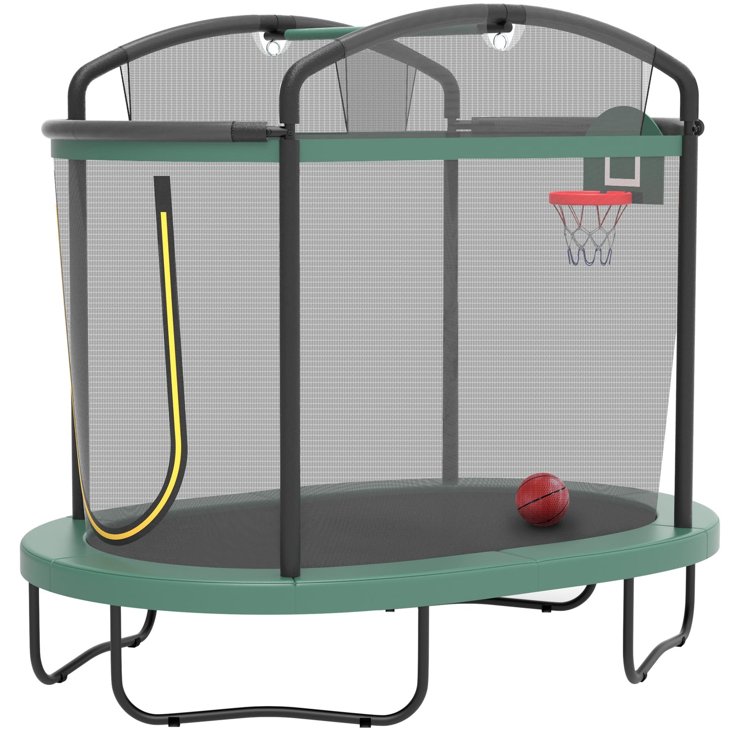 72" Toddler Trampoline with Safety Enclosure Net, Conchico Oval Indoor Kids Trampoline with Gym Bar, Basketball Hoop, Mini Trampoline for Kids, Small Trampoline with Net, Green