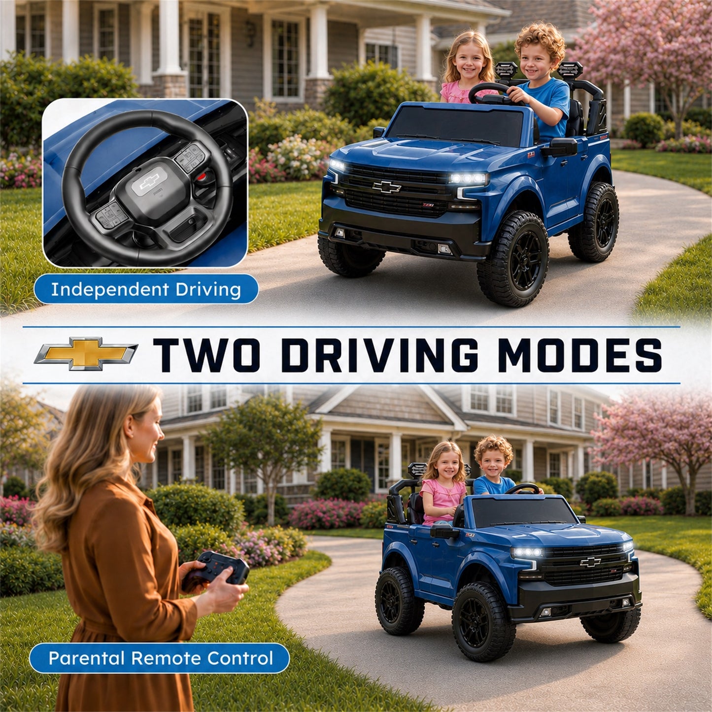 Conchico Licensed Chevrolet Silverado 24V Kids Ride On Truck, Chevy 2 Seater Battery Powered Ride On Car with Parent Remote Control, Music, Durable Wheels, Blue
