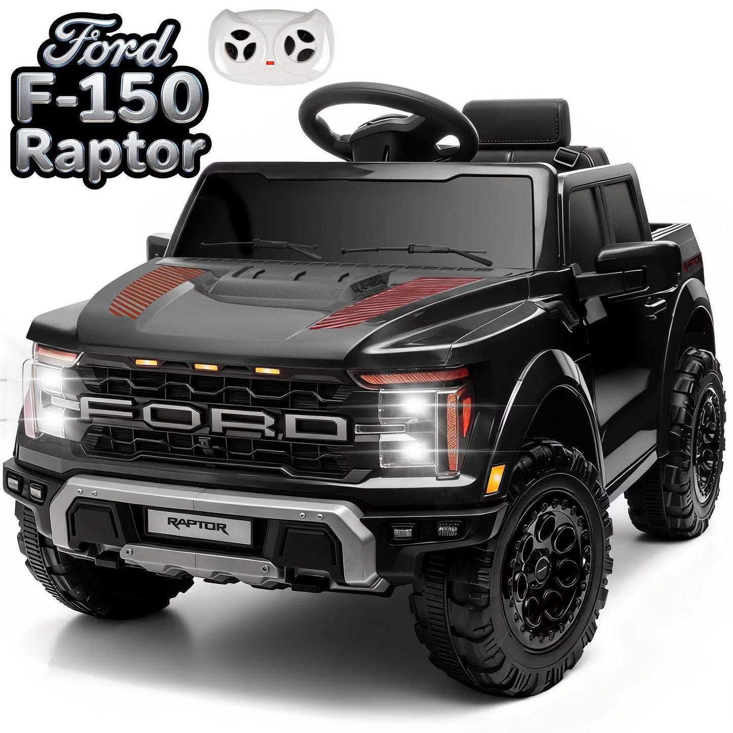 CASEMIOL 12V Ford F150 Raptor Kids Ride On Truck, Electric Car with Remote Control, Bluetooth Music, Suspension Wheels, Ride On Toys for Boys & Girls Ages 3-5, Gift for Kids, Black