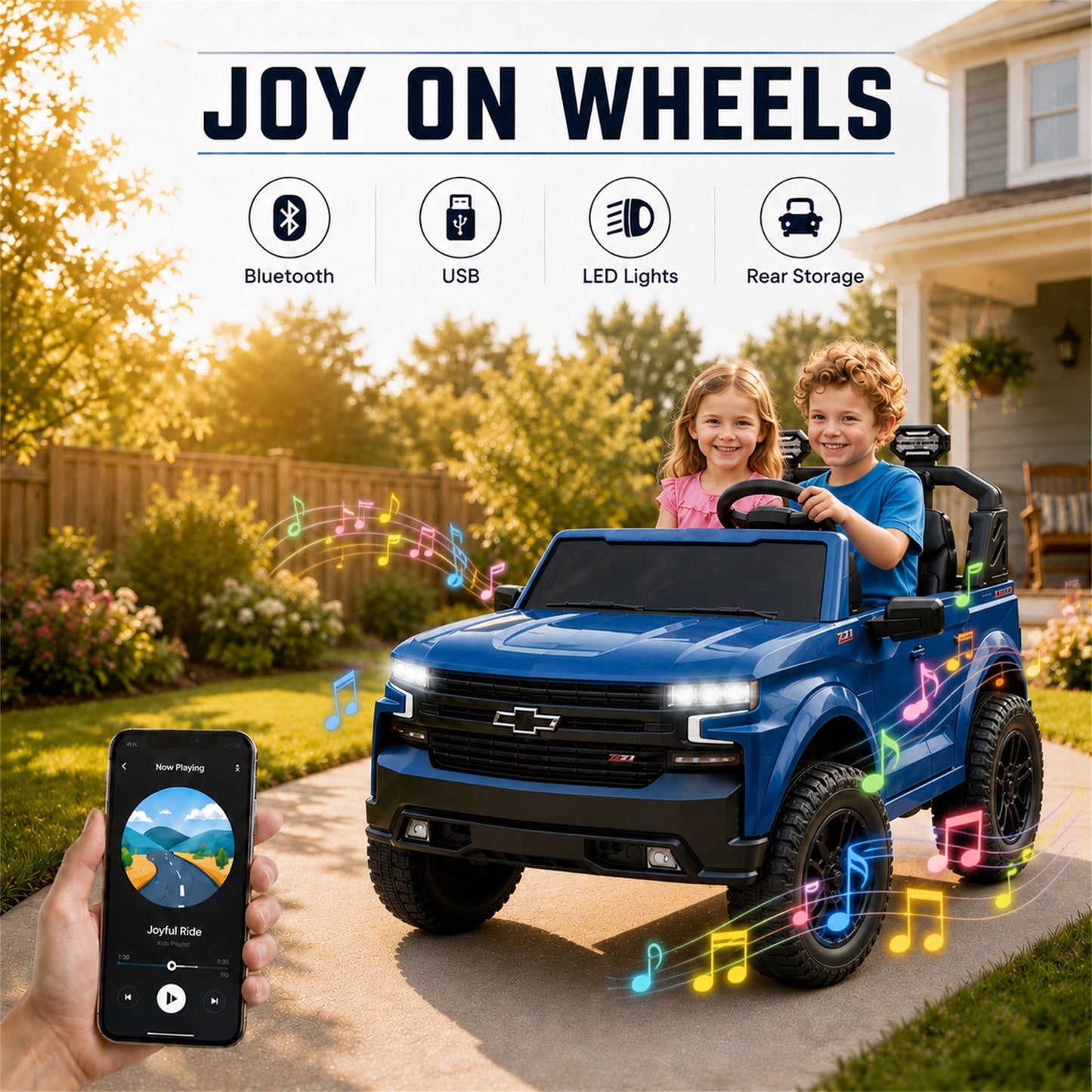 Conchico Licensed Chevrolet Silverado 24V Kids Ride On Truck, Chevy 2 Seater Battery Powered Ride On Car with Parent Remote Control, Music, Durable Wheels, Blue