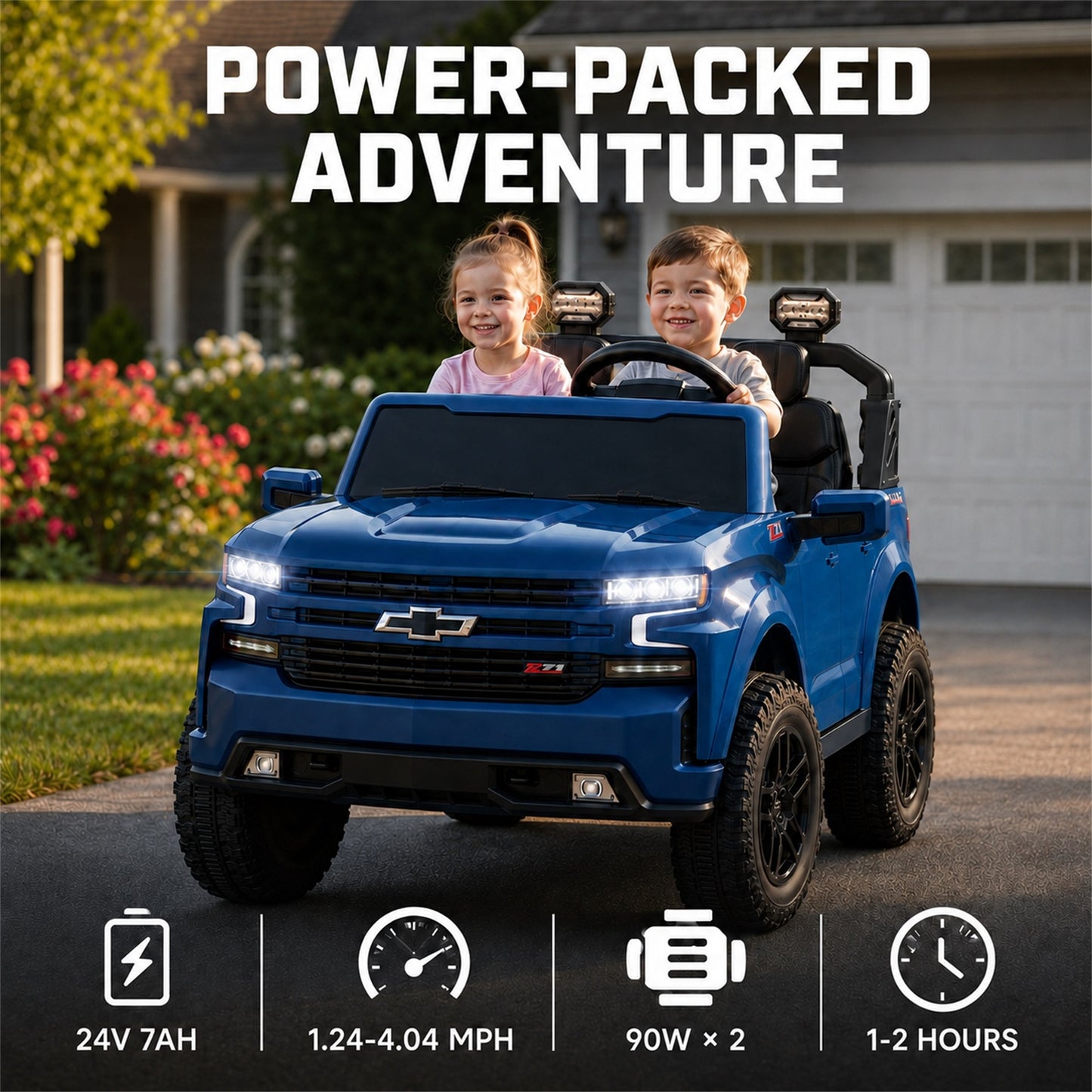 Conchico Licensed Chevrolet Silverado 24V Kids Ride On Truck, Chevy 2 Seater Battery Powered Ride On Car with Parent Remote Control, Music, Durable Wheels, Blue