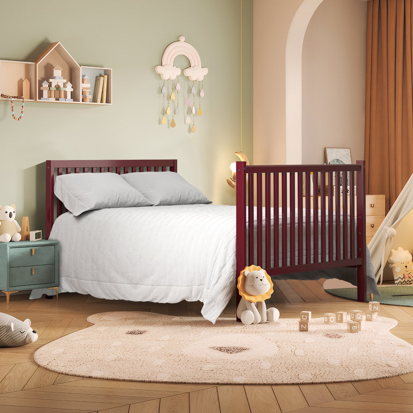 5-In-1 Convertible Crib, New Zealand Pinewood Baby Bed,Baby Crib With 3 Height Adjustment, Non-Toxic Finish, Easy to Assemble