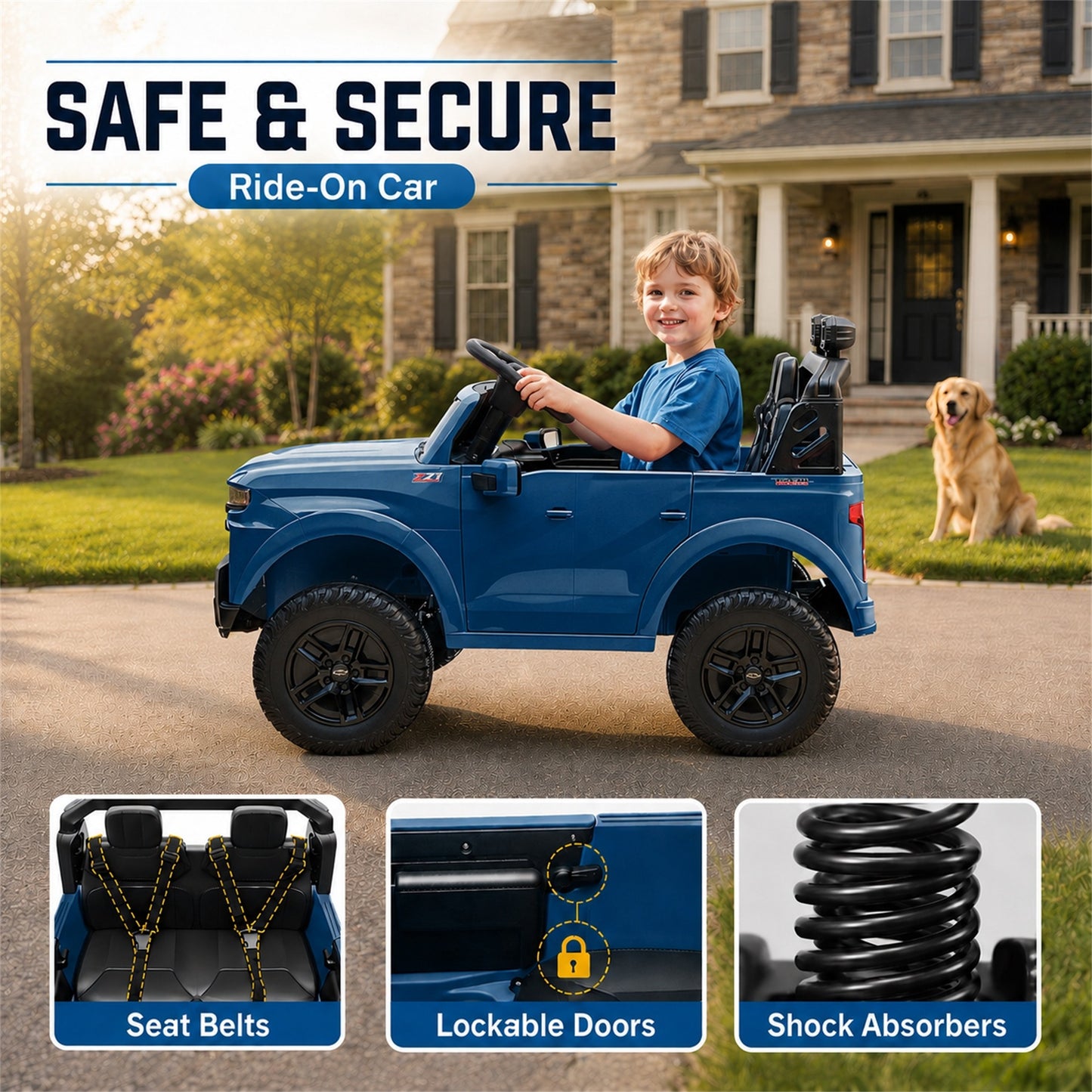 Conchico Licensed Chevrolet Silverado 24V Kids Ride On Truck, Chevy 2 Seater Battery Powered Ride On Car with Parent Remote Control, Music, Durable Wheels, Blue