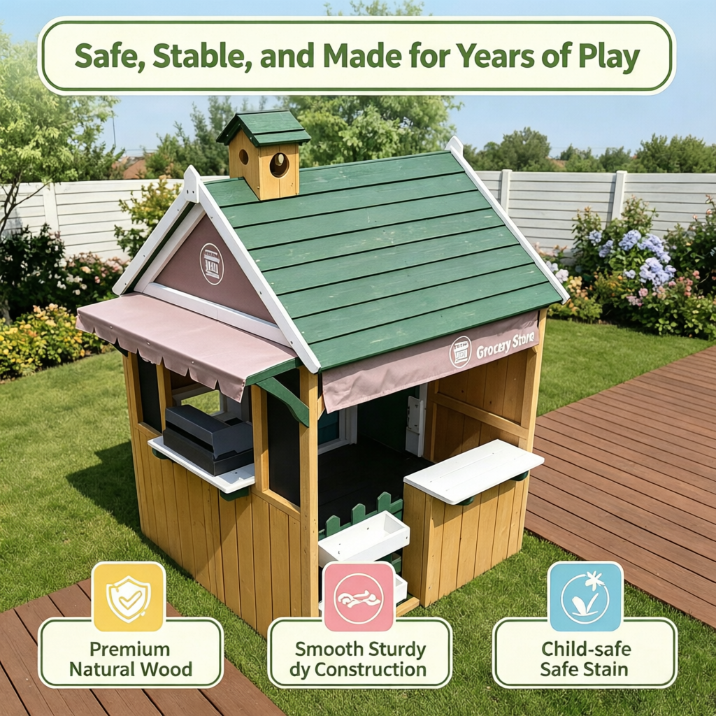 Conchico Outdoor Grocery Store Playhouse, Wooden Playhouse w/ Toy BBQ Grill, Toy Cash Register & Pretend Food Set For Summer Backyard