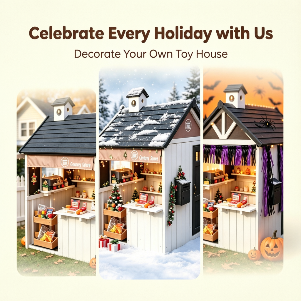 Conchico Outdoor Grocery Store Playhouse, Wooden Playhouse w/ Toy BBQ Grill, Toy Cash Register & Pretend Food Set For Summer Backyard，Black White