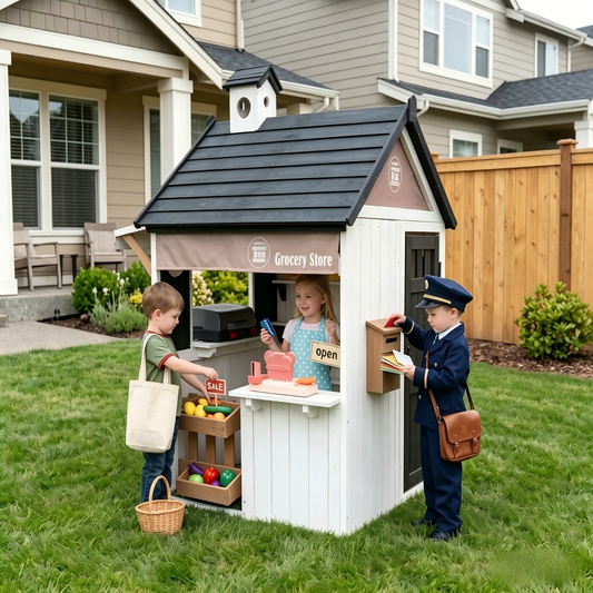 Conchico Outdoor Grocery Store Playhouse, Wooden Playhouse w/ Toy BBQ Grill, Toy Cash Register & Pretend Food Set For Summer Backyard，Black White