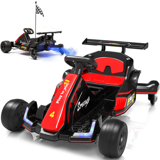 Conchico 12V Electric Go Kart for Kids, Drift Racing Go Cart with 360° Spinning & Water Spray Function, Ride on Toys Cars with Seat Belt, Cup Holder, LED Light, Music for Boys Girls Ages 3-8