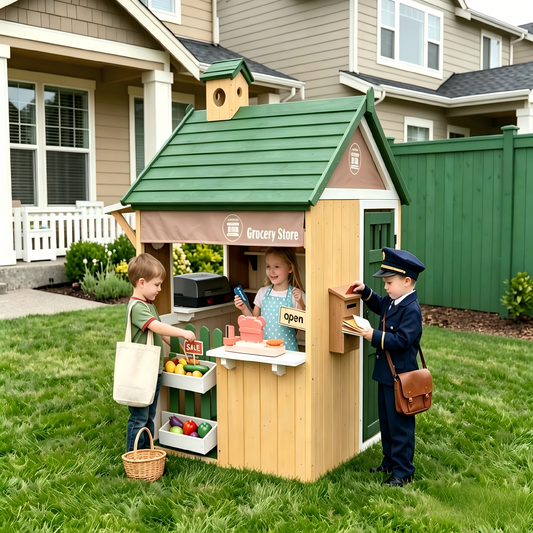 Conchico Outdoor Grocery Store Playhouse, Wooden Playhouse w/ Toy BBQ Grill, Toy Cash Register & Pretend Food Set For Summer Backyard, Green Brown