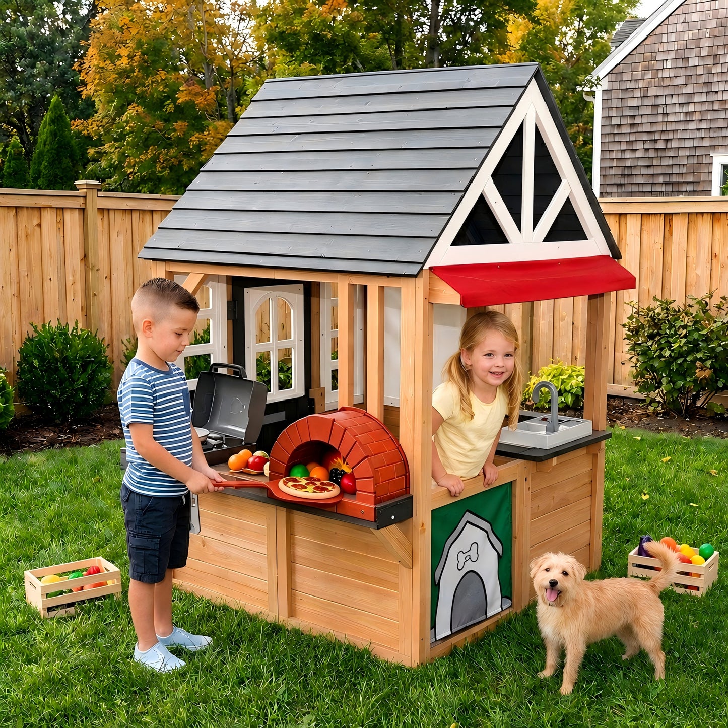 Conchico Outdoor BBQ Themed Playhouse, Wooden Backyard Kids Playhouse w/ Pretend Brick Oven, Kitchen Toy Set, BBQ Grill for Kids Ages 3-8