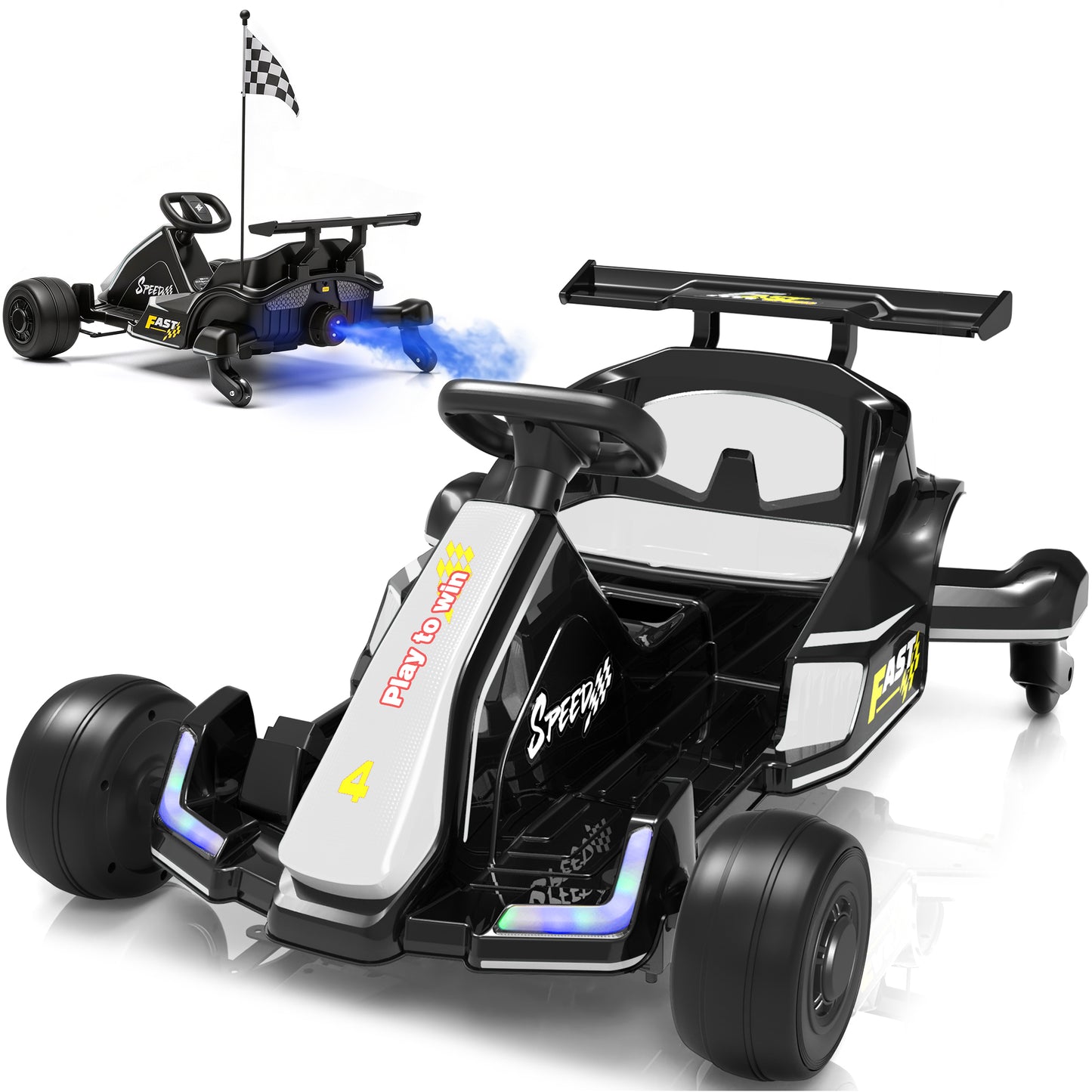 Conchico 12V Electric Go Kart for Kids, Drift Racing Go Cart with 360° Spinning & Water Spray Function, Ride on Toys Cars with Seat Belt, Cup Holder, LED Light, Music for Boys Girls Ages 3-8