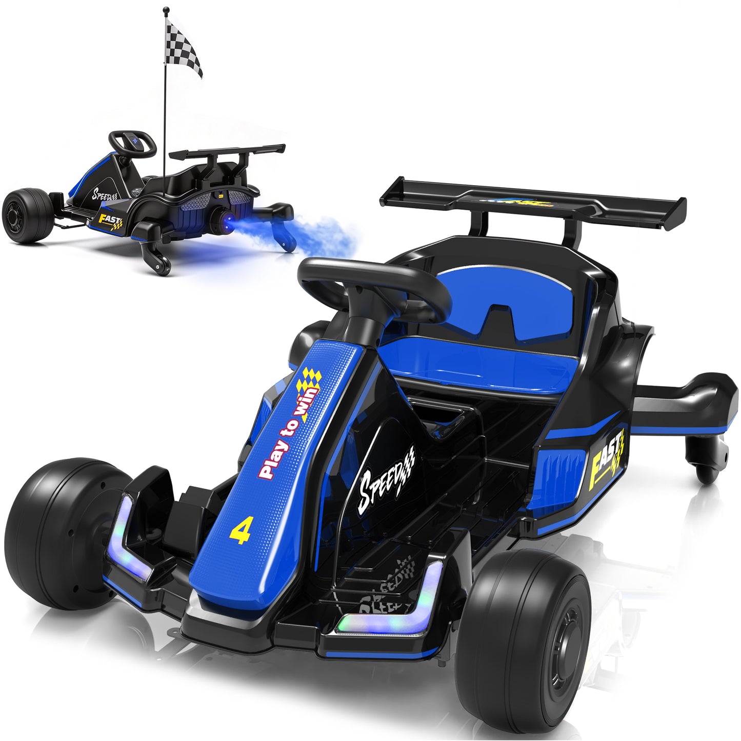 Conchico 12V Electric Go Kart for Kids, Drift Racing Go Cart with 360° Spinning & Water Spray Function, Ride on Toys Cars with Seat Belt, Cup Holder, LED Light, Music for Boys Girls Ages 3-8
