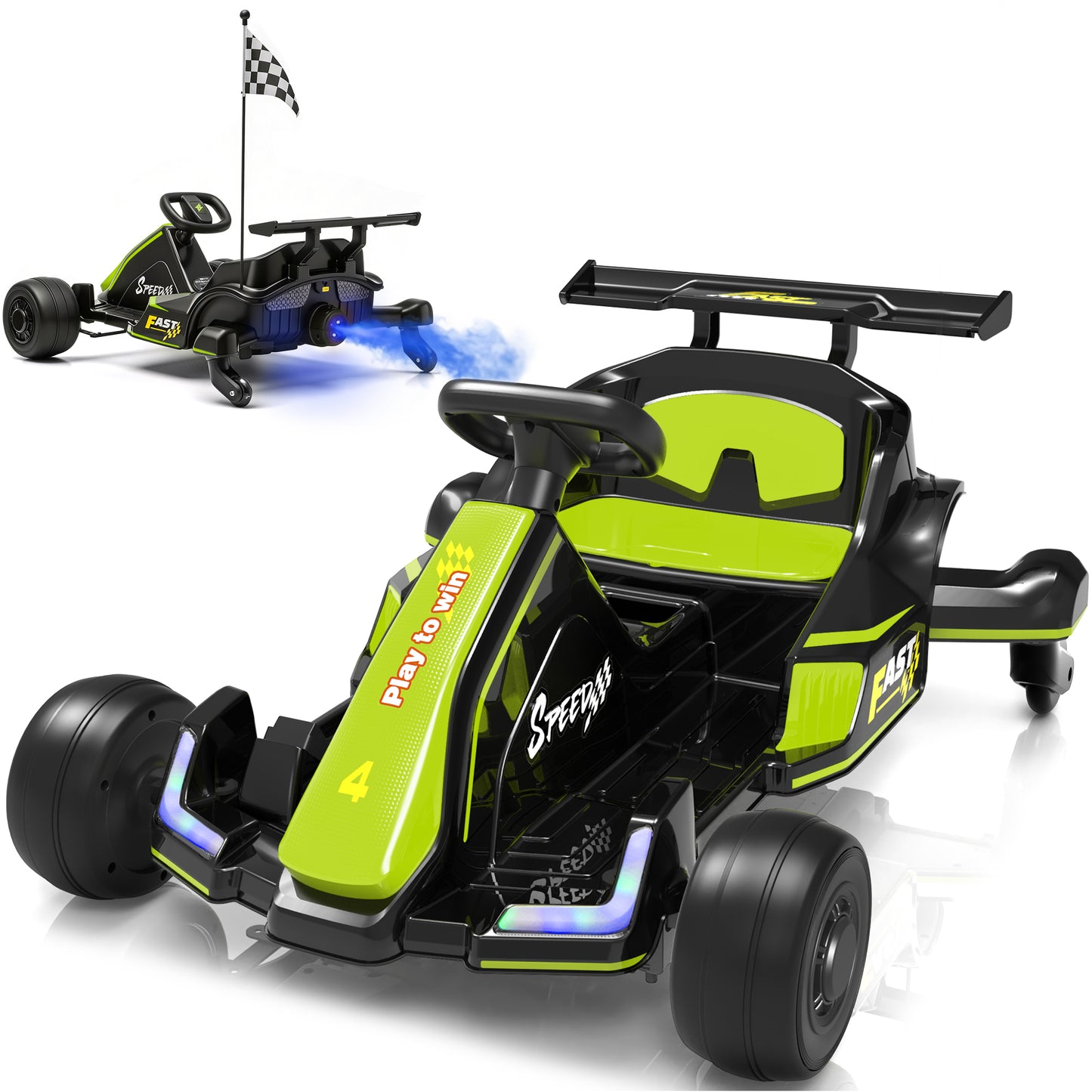 Conchico 12V Electric Go Kart for Kids, Drift Racing Go Cart with 360° Spinning & Water Spray Function, Ride on Toys Cars with Seat Belt, Cup Holder, LED Light, Music for Boys Girls Ages 3-8