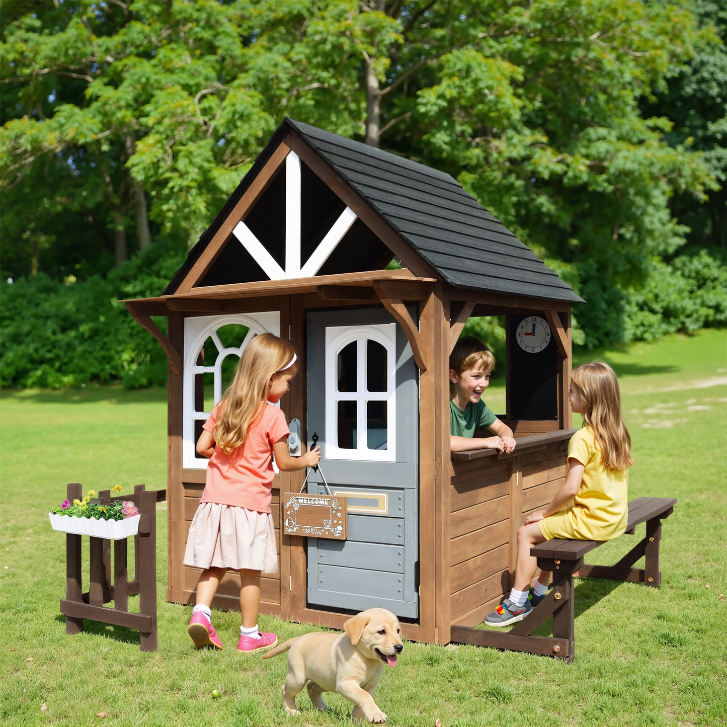 Conchico Outdoor Playhouse for Kids, Wooden Playhouse Outside with Kitchen Playset, Snack Bar, Pet Access, Doorbell, Toy Phone, Large Outdoor Playset for Kids 3-6 Years, Brown+Gray