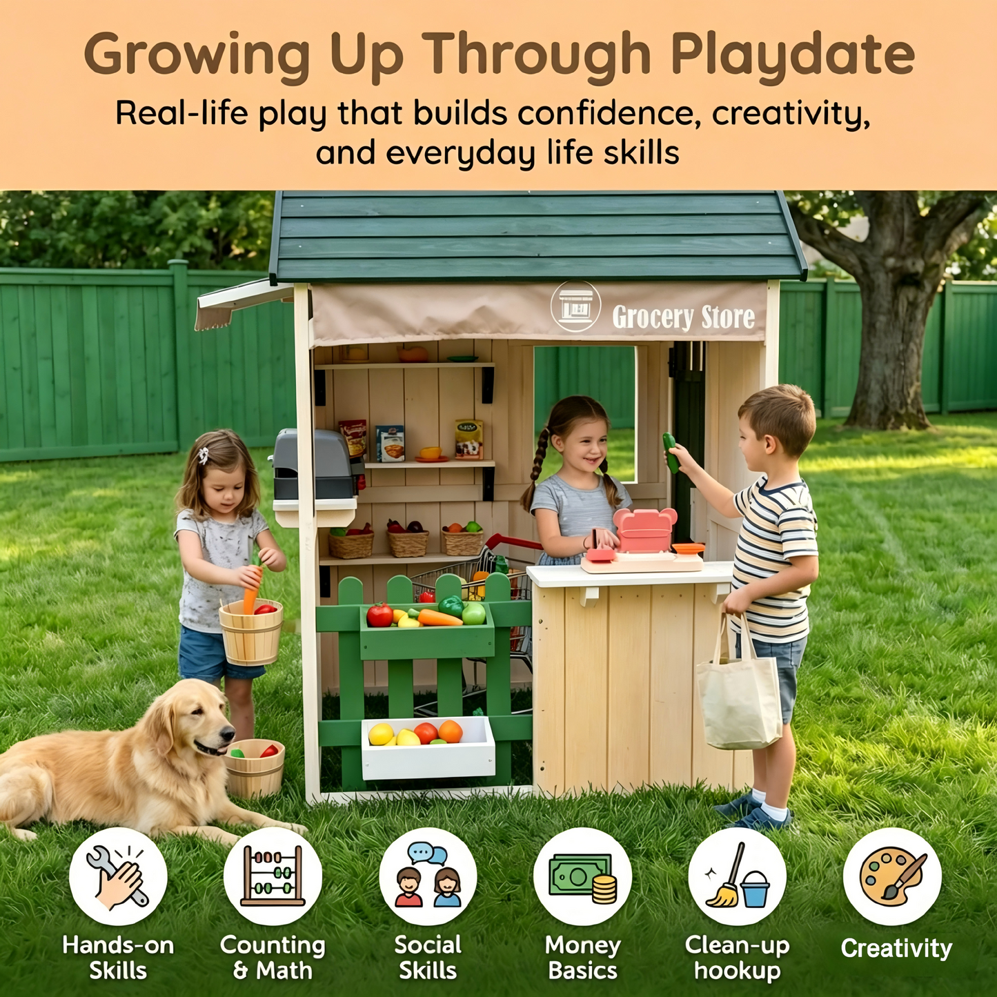 Conchico Outdoor Grocery Store Playhouse, Wooden Playhouse w/ Toy BBQ Grill, Toy Cash Register & Pretend Food Set For Summer Backyard