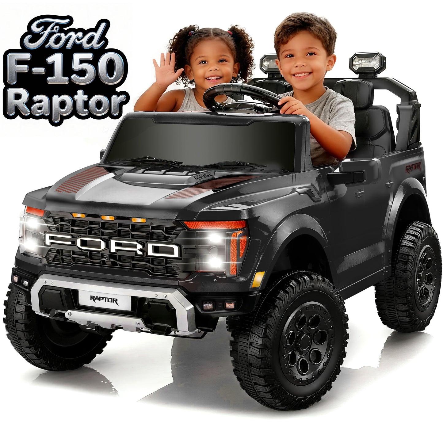 Conchico 24V Licensed Ford F150 Raptor Battery Powered Ride on Truck with Remote Control, 2-Seater and Rear Trunk for Kids Gift,