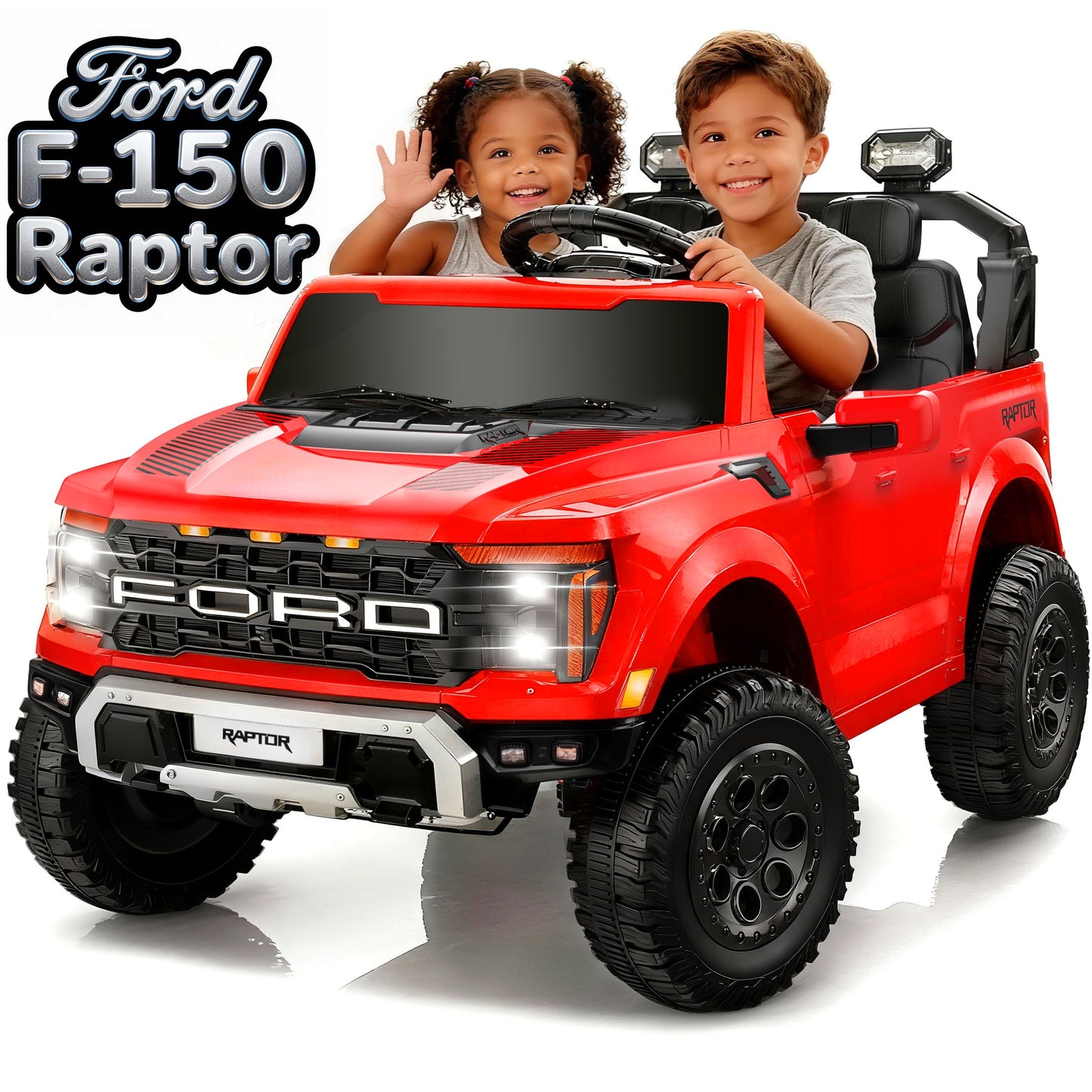 Conchico 24V Licensed Ford F150 Raptor Battery Powered Ride on Truck with Remote Control, 2-Seater and Rear Trunk for Kids Gift,