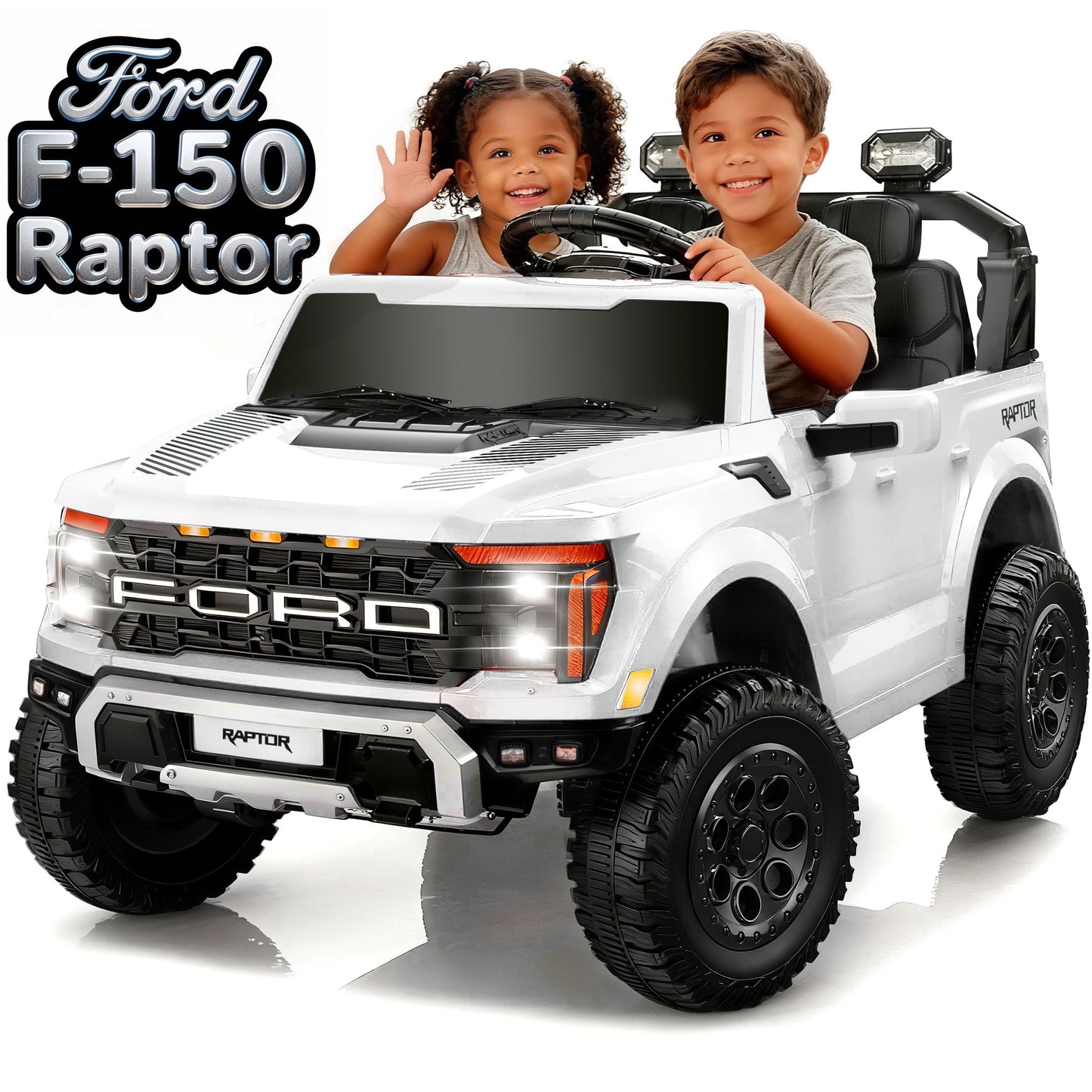 Conchico 24V Licensed Ford F150 Raptor Battery Powered Ride on Truck with Remote Control, 2-Seater and Rear Trunk for Kids Gift,