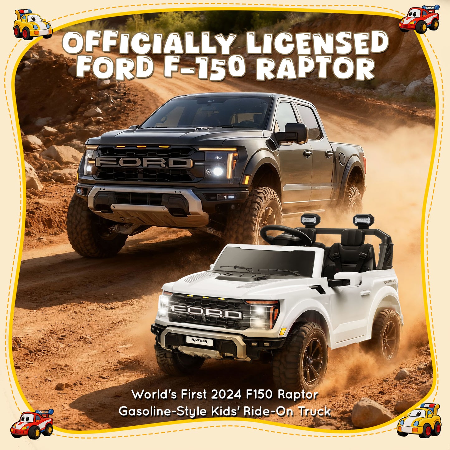 Conchico 24V Licensed Ford F150 Raptor Battery Powered Ride on Truck with Remote Control, 2-Seater and Rear Trunk for Kids Gift,