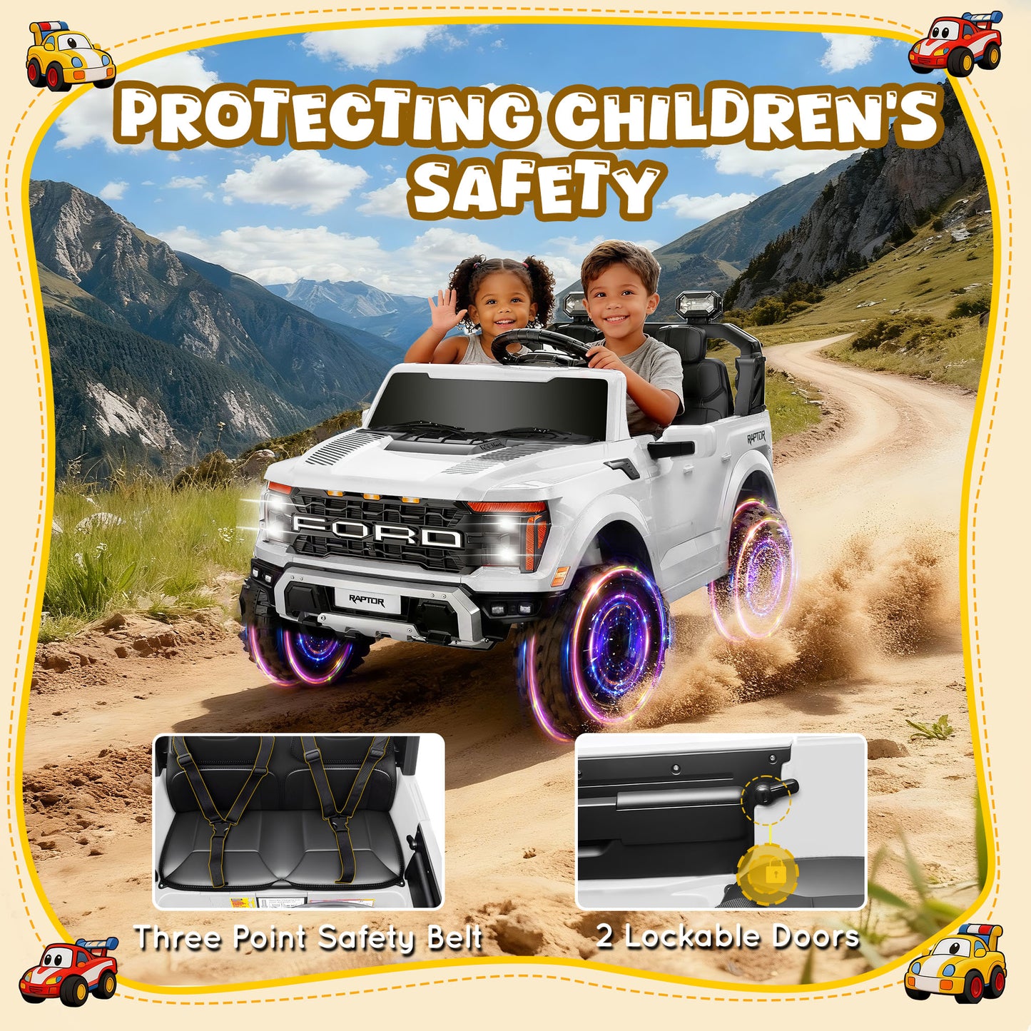 Conchico 24V Licensed Ford F150 Raptor Battery Powered Ride on Truck with Remote Control, 2-Seater and Rear Trunk for Kids Gift,