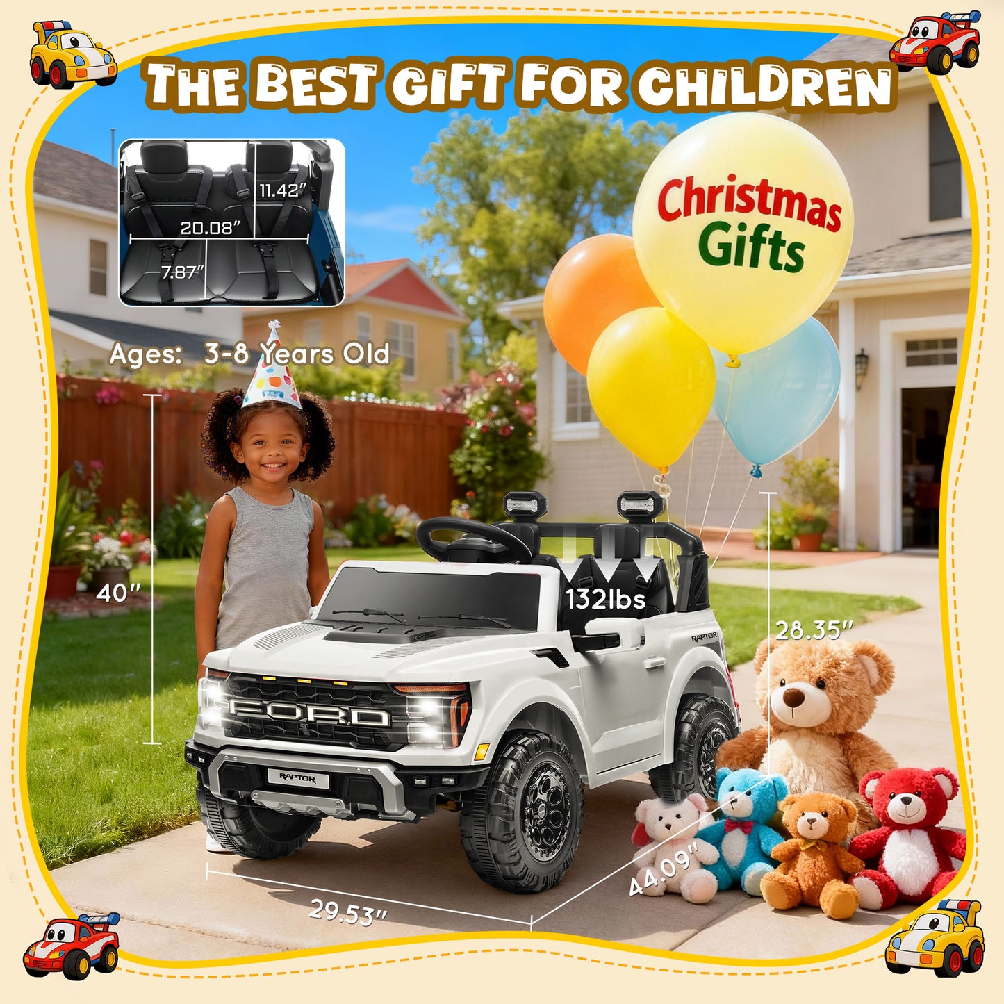 Conchico 24V Licensed Ford F150 Raptor Battery Powered Ride on Truck with Remote Control, 2-Seater and Rear Trunk for Kids Gift,