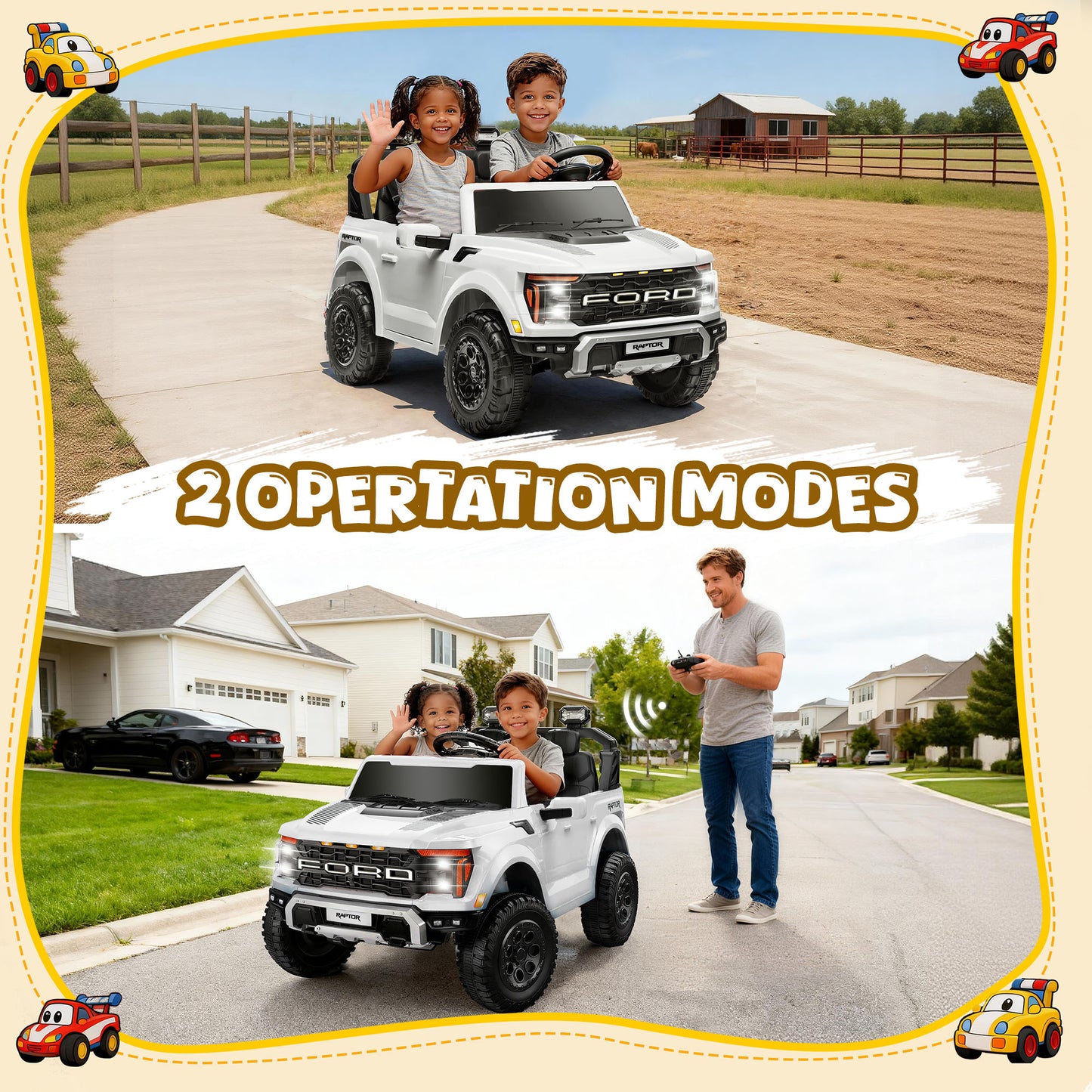 Conchico 24V Licensed Ford F150 Raptor Battery Powered Ride on Truck with Remote Control, 2-Seater and Rear Trunk for Kids Gift,