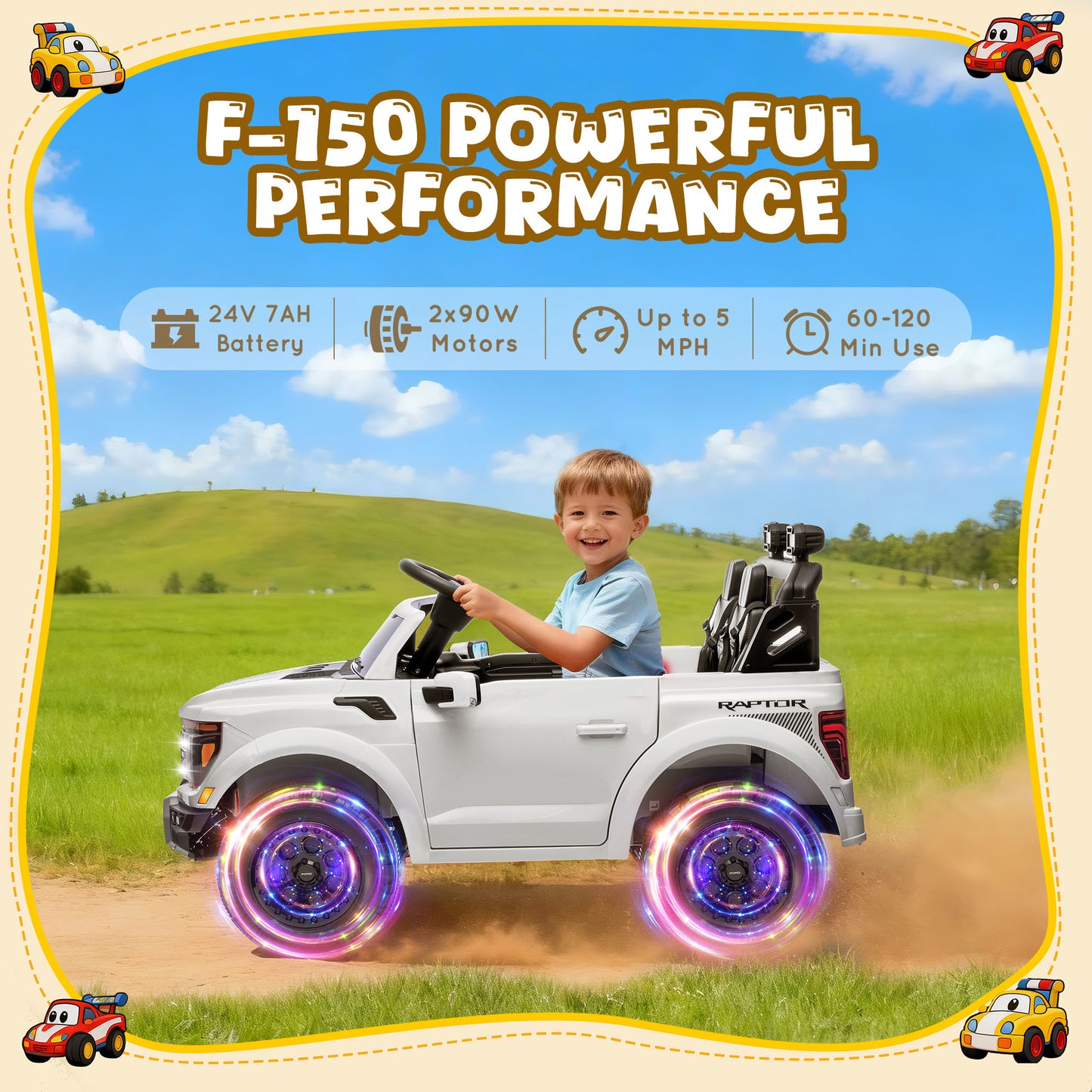 Conchico 24V Licensed Ford F150 Raptor Battery Powered Ride on Truck with Remote Control, 2-Seater and Rear Trunk for Kids Gift,