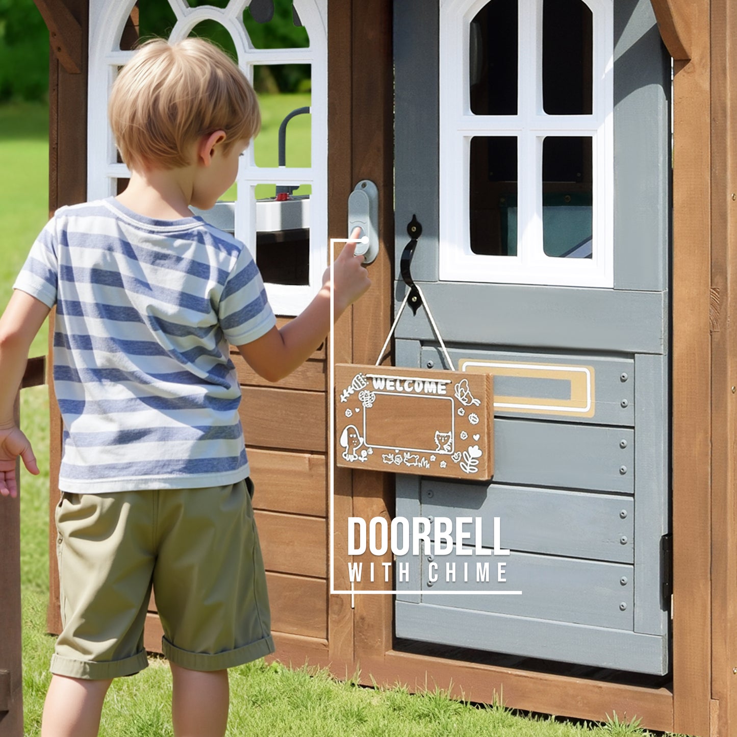 Conchico Outdoor Playhouse for Kids, Wooden Playhouse Outside with Kitchen Playset, Snack Bar, Pet Access, Doorbell, Toy Phone, Large Outdoor Playset for Kids 3-6 Years, Brown+Gray