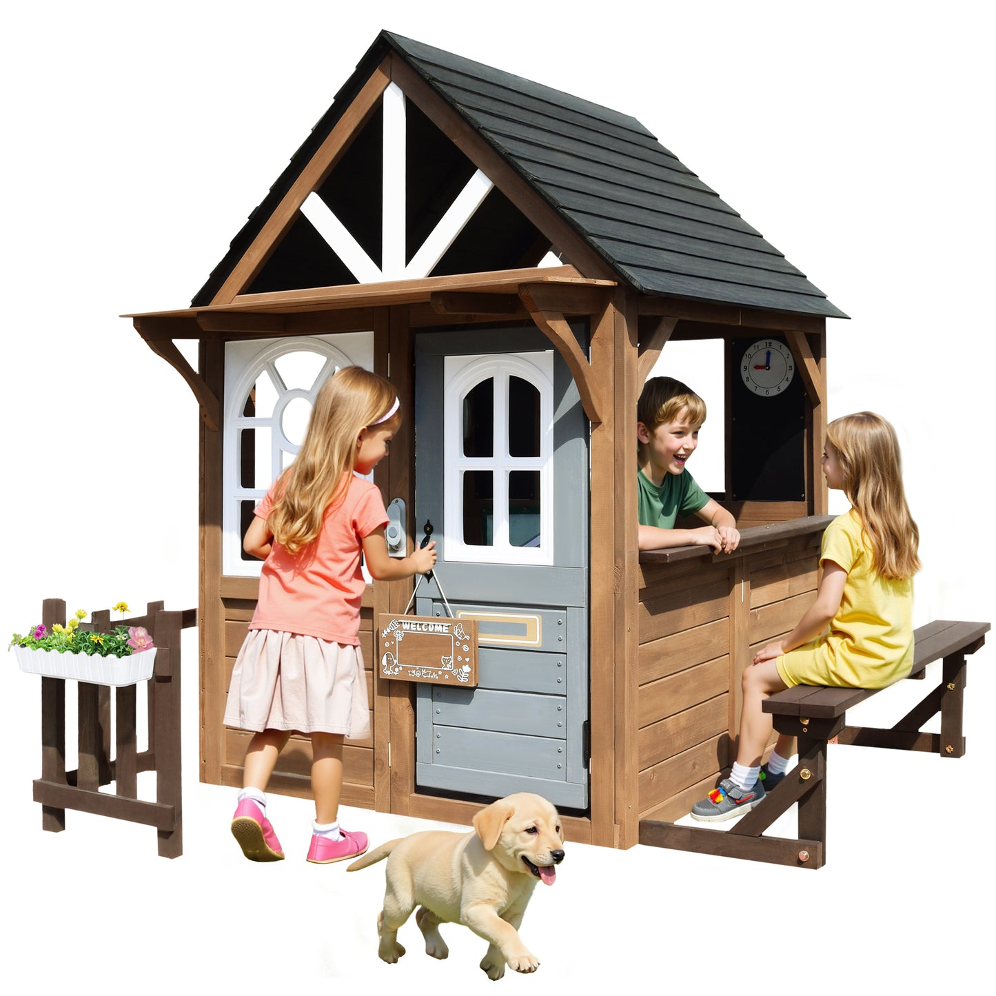 Conchico Outdoor Playhouse for Kids, Wooden Playhouse Outside with Kitchen Playset, Snack Bar, Pet Access, Doorbell, Toy Phone, Large Outdoor Playset for Kids 3-6 Years, Brown+Gray