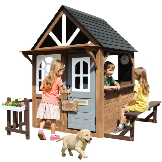Conchico Outdoor Playhouse for Kids, Wooden Playhouse Outside with Kitchen Playset, Snack Bar, Pet Access, Doorbell, Toy Phone, Large Outdoor Playset for Kids 3-6 Years, Brown+Gray