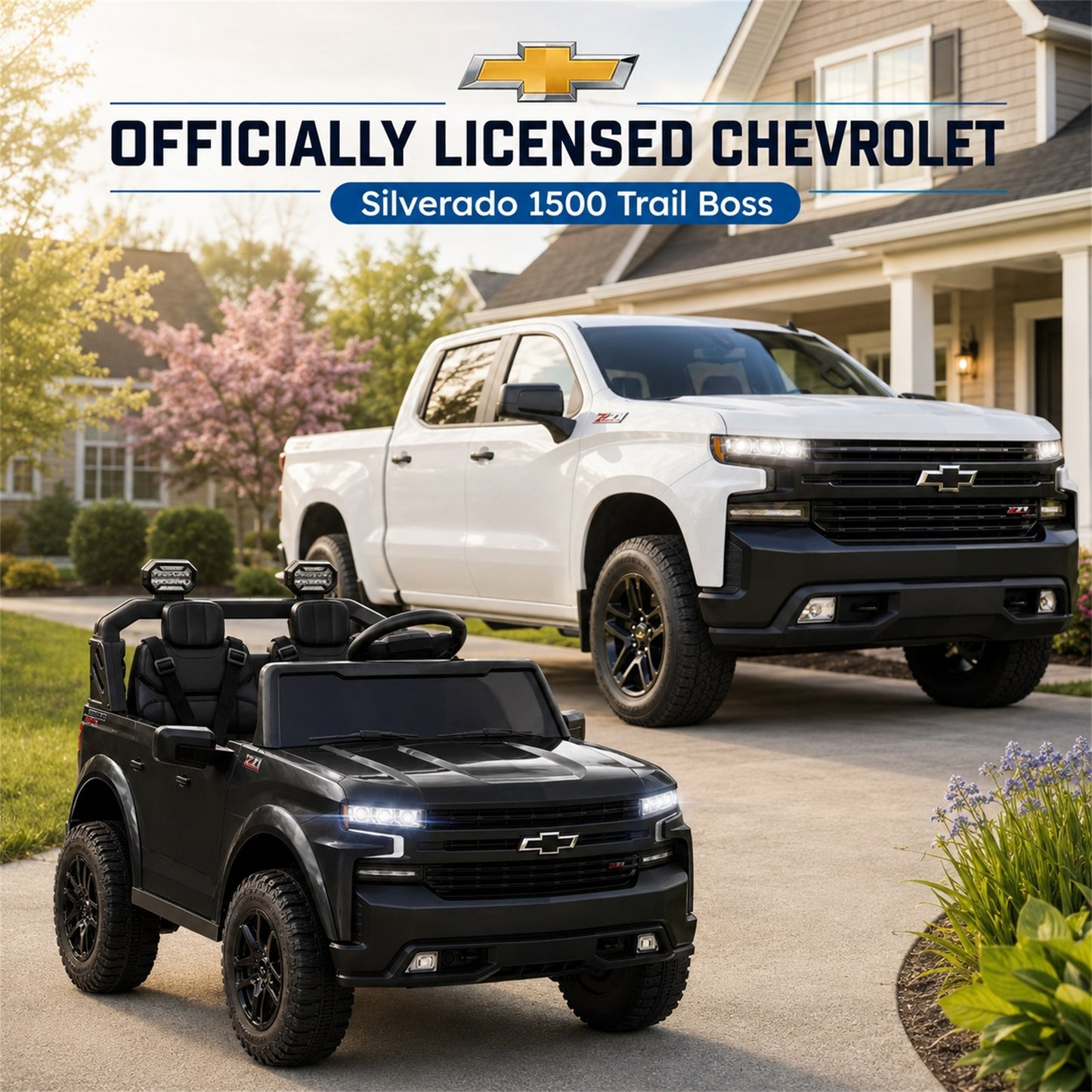 Conchico Licensed Chevrolet Silverado 24V Kids Ride On Truck, Chevy 2 Seater Battery Powered Ride On Car with Parent Remote Control, Music, Durable Wheels, Black