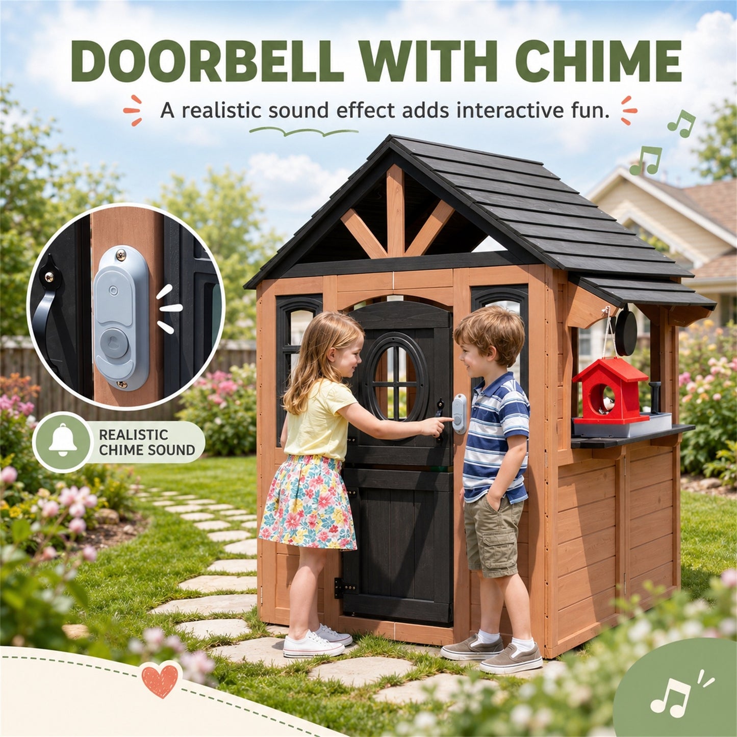 Conchico Outdoor Playhouse for Kids 3-5 Years, Kids Playhouse with Play Kitchen, Working Doorbell, Bird Cage, Pet Door, Kids Outdoor Toy Gift, Easy Assembly, Natural