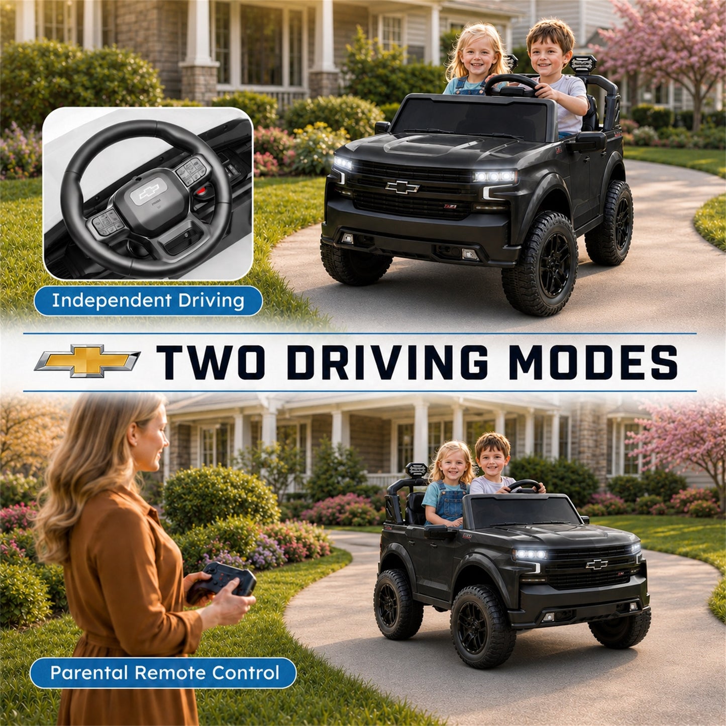 Conchico Licensed Chevrolet Silverado 24V Kids Ride On Truck, Chevy 2 Seater Battery Powered Ride On Car with Parent Remote Control, Music, Durable Wheels, Black