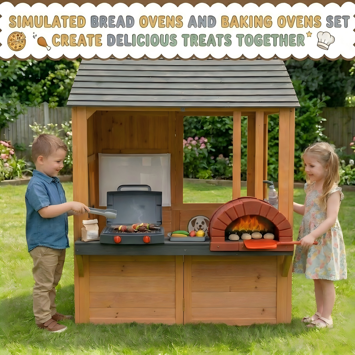 Conchico Outdoor BBQ Themed Playhouse, Wooden Backyard Kids Playhouse w/ Pretend Brick Oven, Kitchen Toy Set, BBQ Grill for Kids Ages 3-8