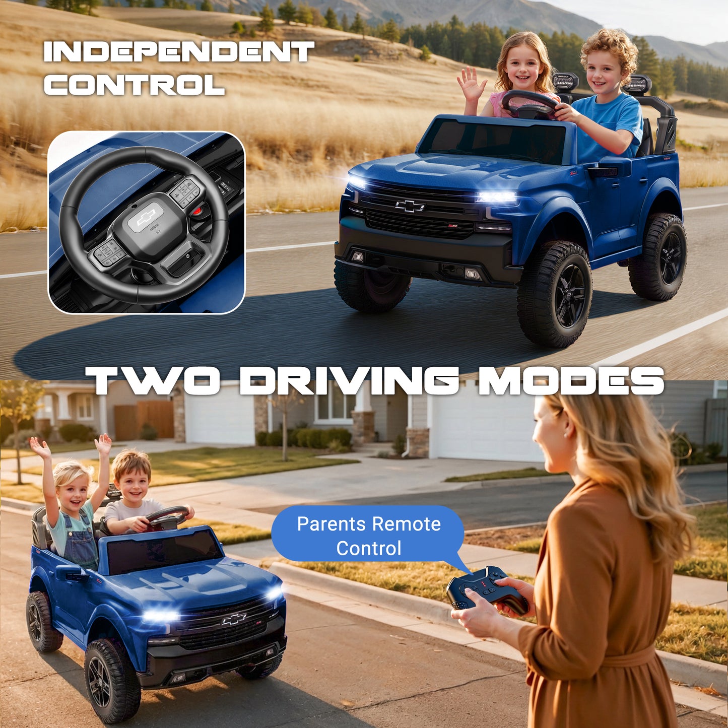 Conchico 24V Ride on Cars 2 Seater, Licensed Chevrolet Silverado Powered Ride on Truck Toys with Remote Control, 4 Wheels Suspension, Electric Car for Kids with Music for Girls Boys 3-8
