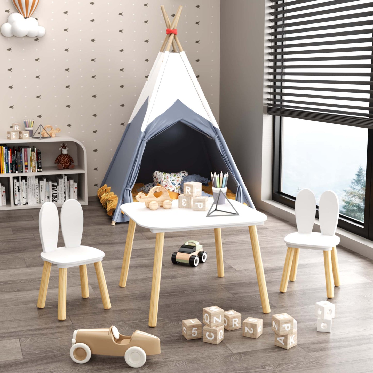 iRerts Kids Table and Chair Set, Rabbit Themed Kids Wooden Table and 2 Chairs Set, Kids Activity Play Table Set for 3-6 Year Old, Toddler Table and Chair Set for Reading, Drawing, Jigsaw Puzzles