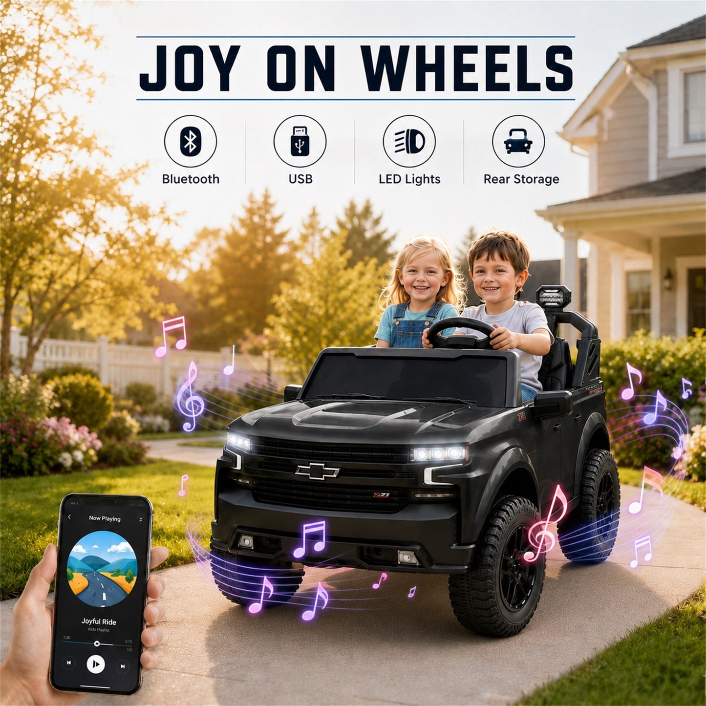 Conchico Licensed Chevrolet Silverado 24V Kids Ride On Truck, Chevy 2 Seater Battery Powered Ride On Car with Parent Remote Control, Music, Durable Wheels, Black