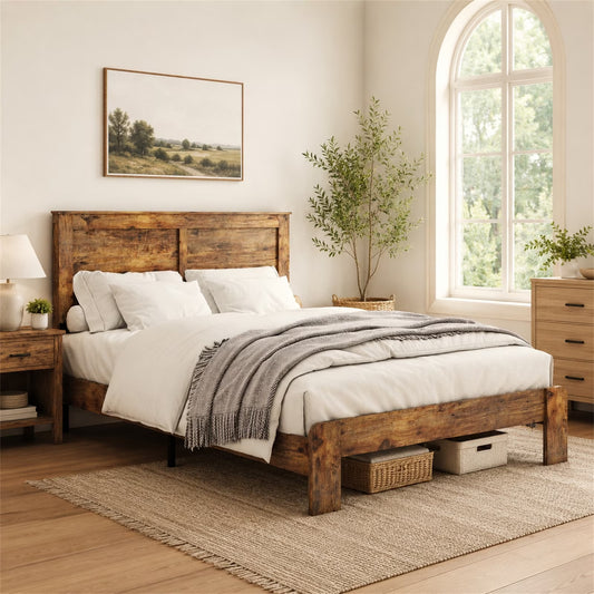 Queen Wood Platform Bed Frame, Noise Free, No Box Spring, Under Bed Storage, Dark Brown