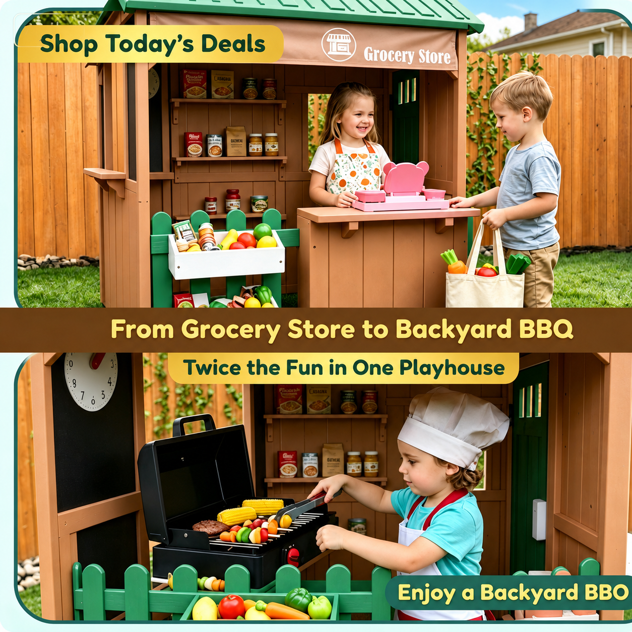 Conchico Outdoor Grocery Store Playhouse, Wooden Playhouse w/ Toy BBQ Grill, Toy Cash Register & Pretend Food Set For Summer Backyard
