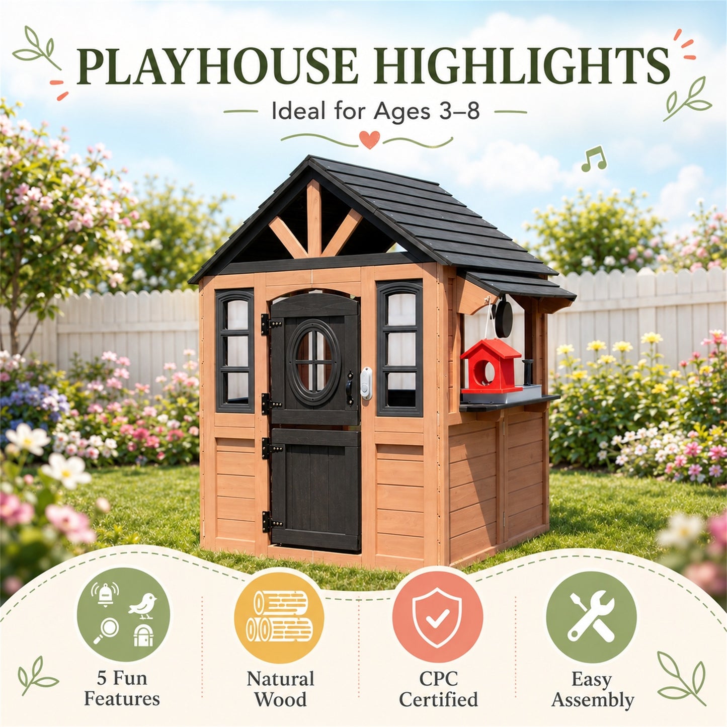 Conchico Outdoor Playhouse for Kids 3-5 Years, Kids Playhouse with Play Kitchen, Working Doorbell, Bird Cage, Pet Door, Kids Outdoor Toy Gift, Easy Assembly, Natural